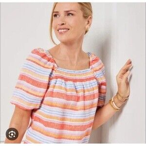 Talbots Plus Size Top 1X Palm Stripe Linen Square Neck